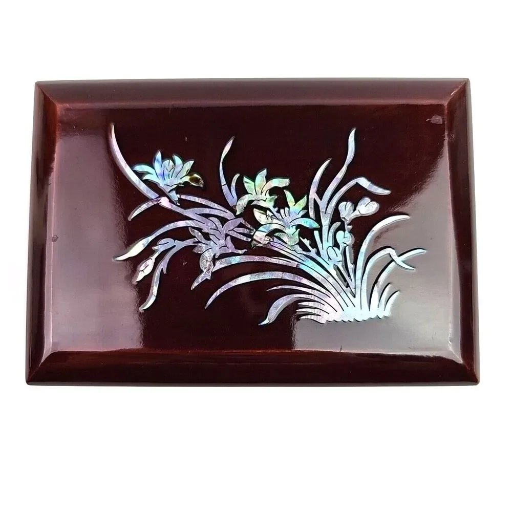Inlaid Mother Pearl Abalone Shell Jewelry Dark Brown Lacquered Box Lidded 5.25in